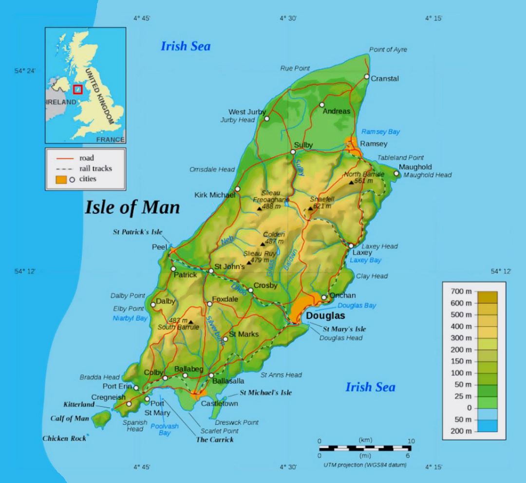 Large physical map of Isle of Man