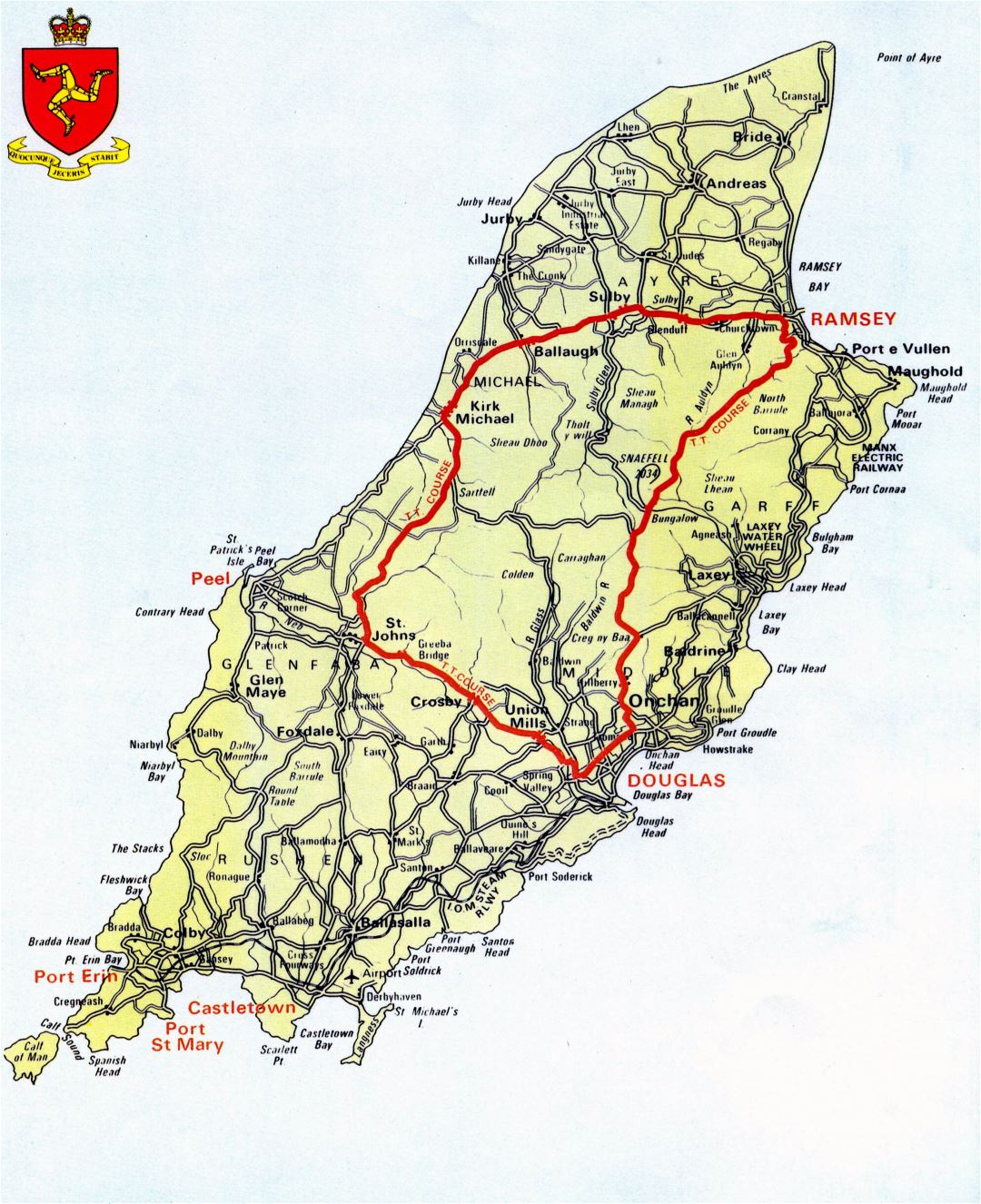 Large scale road map of Isle of Man