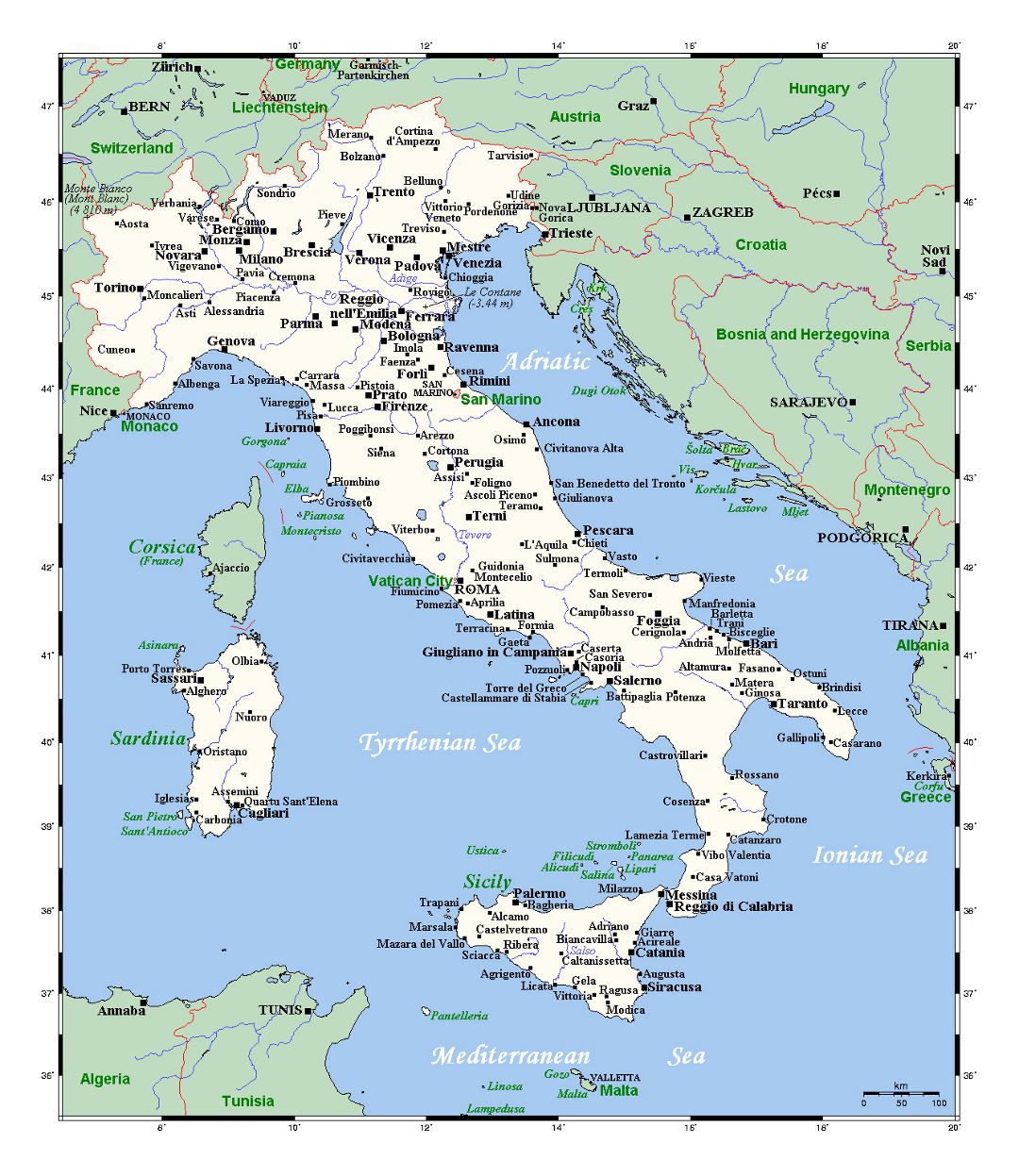 Detailed map of Italy with major cities
