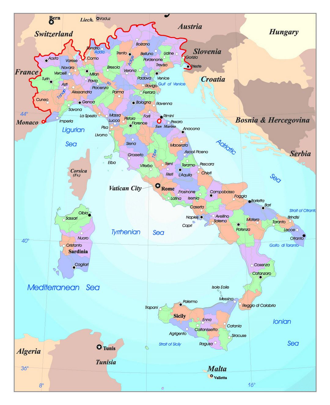 Detailed political and administrative map of Italy with major cities