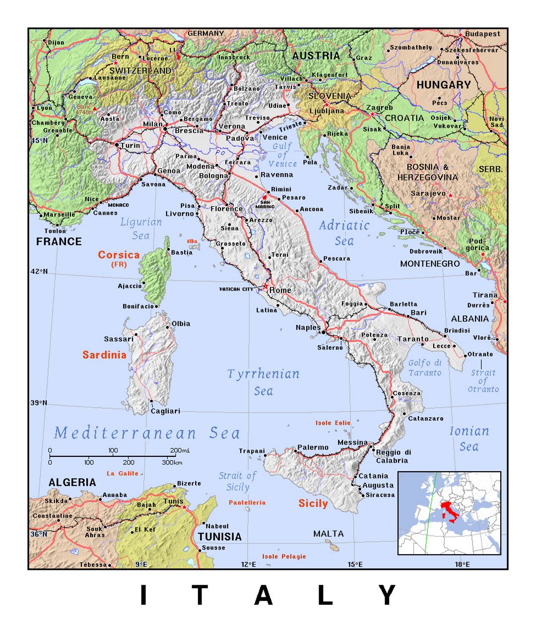 Detailed political map of Italy with relief
