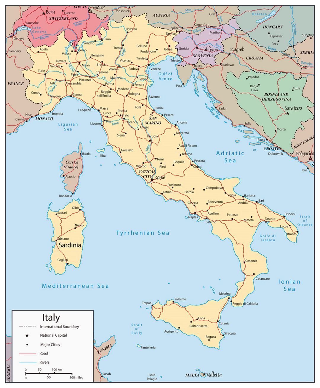 Detailed political map of Italy with roads, rivers and major cities