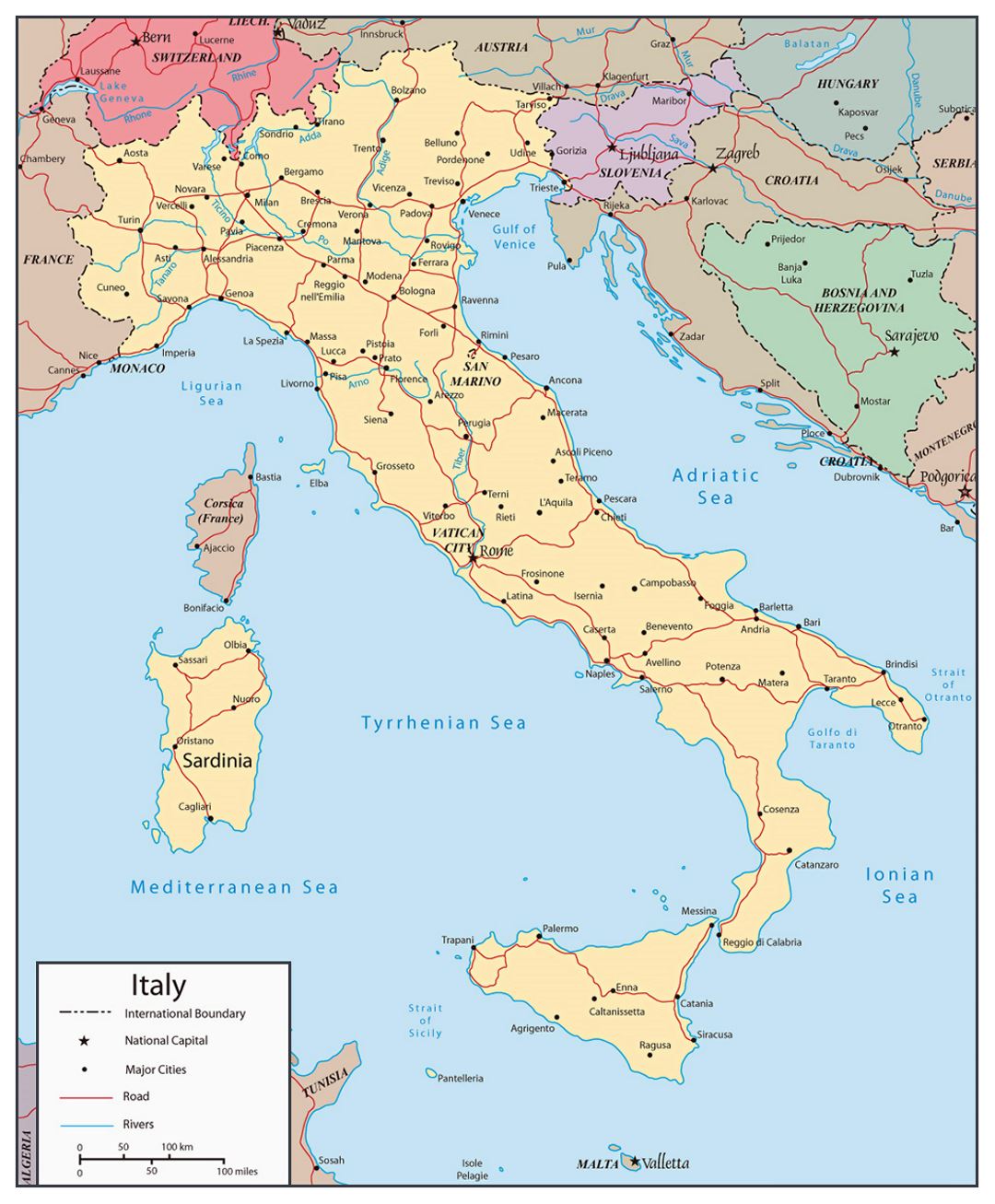 Detailed political map of Italy with roads, rivers and major cities ...