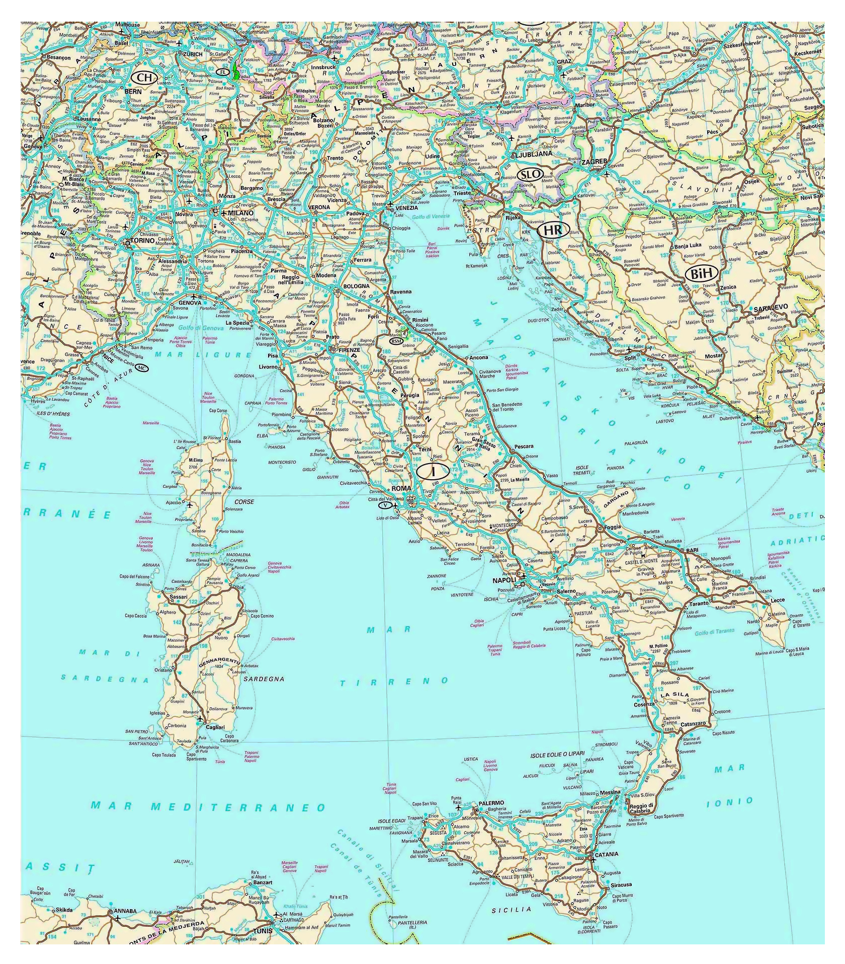 Detailed Road Map Of Italy With Cities Italy Europe Mapsland