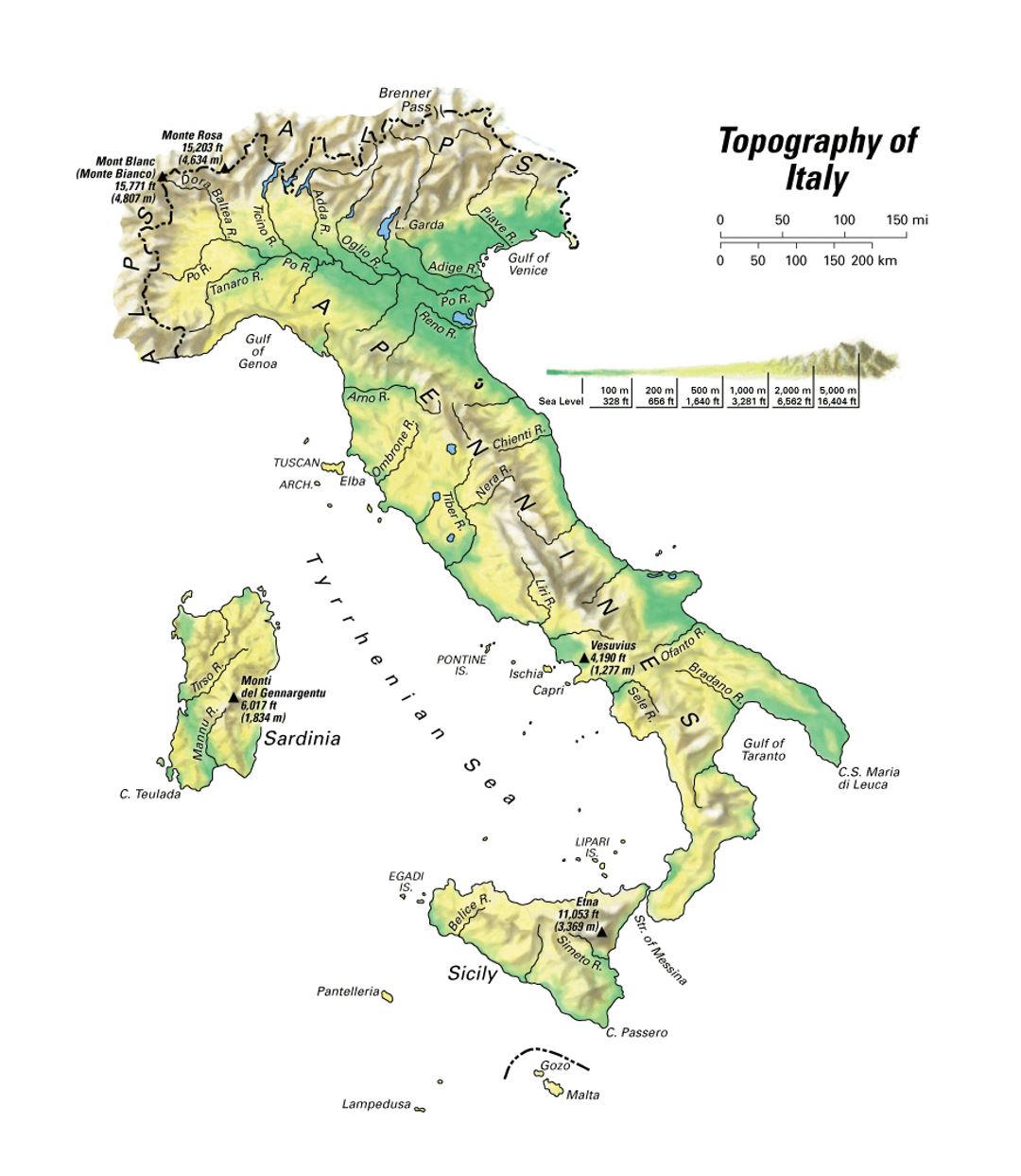 Detailed topography map of Italy Italy Europe Mapsland Maps of Italy Elevation Map