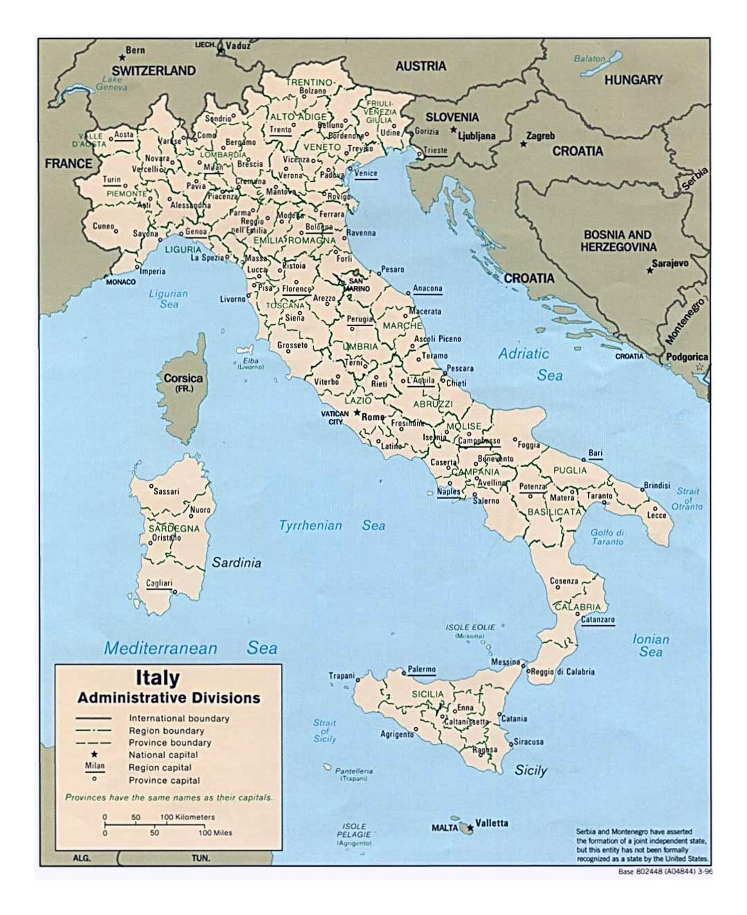 Large administrative divisions map of Italy - 1996