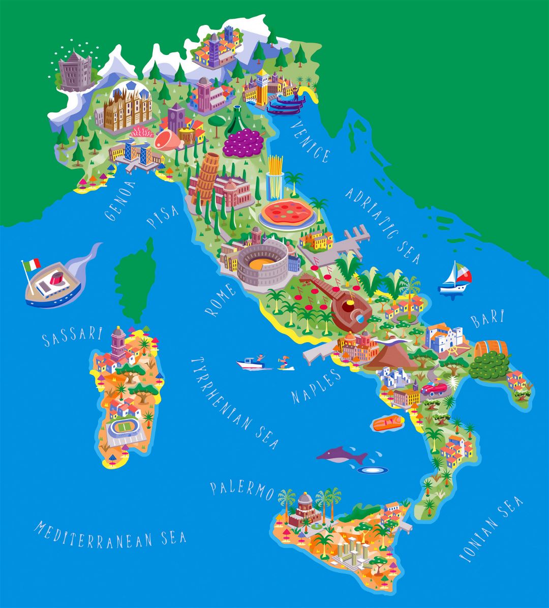 Large detailed tourist illustrated map of Italy