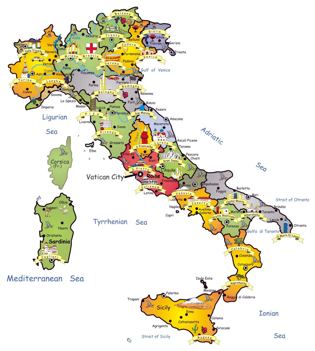 Large detailed tourist map of Italy