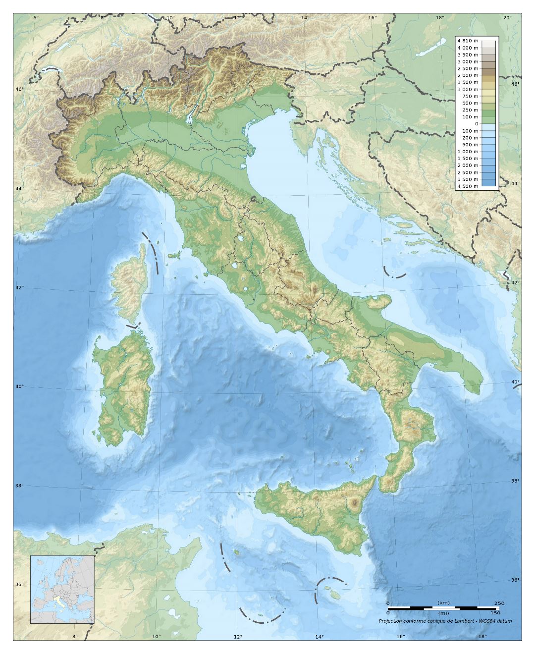 Large physical map of Italy