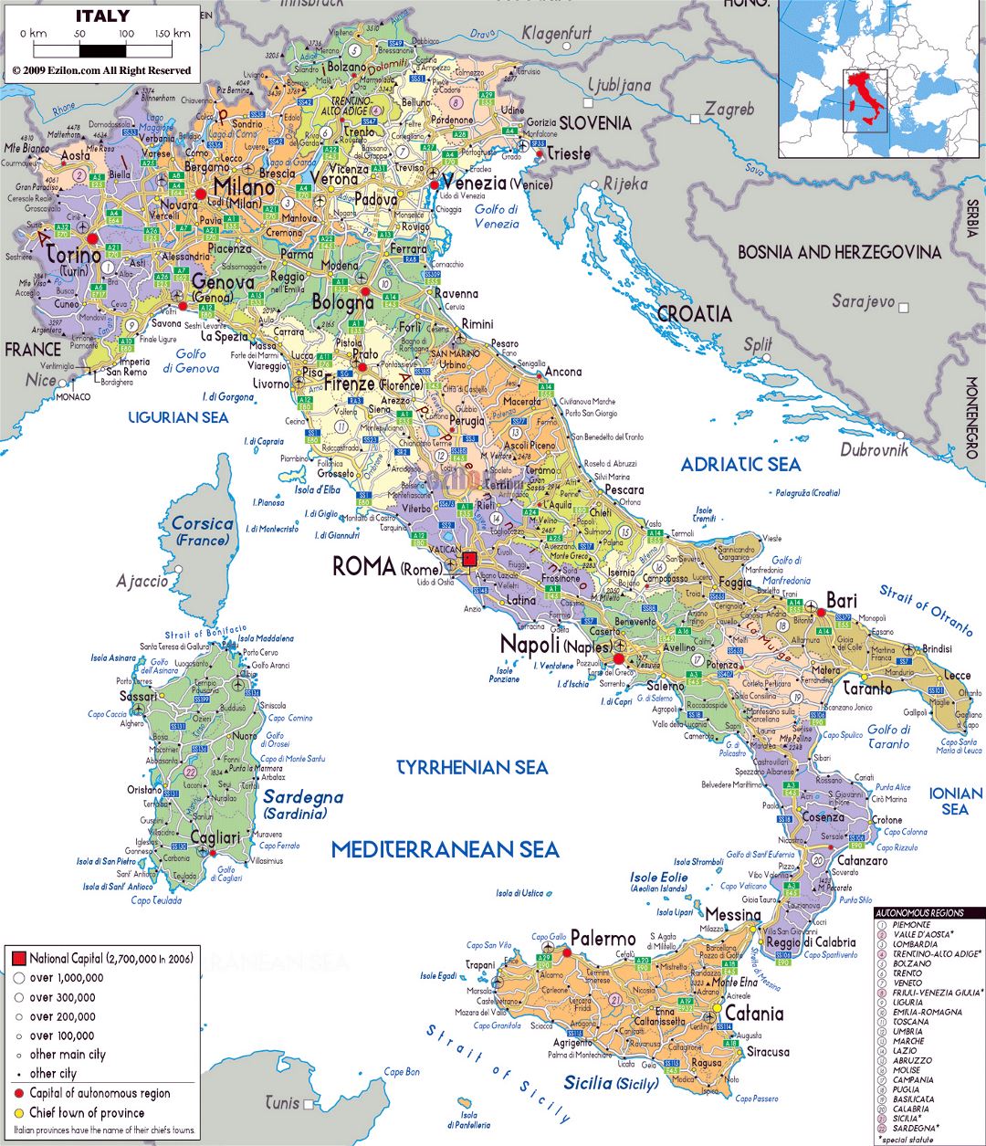 Large political and administrative map of Italy with roads, cities and airports
