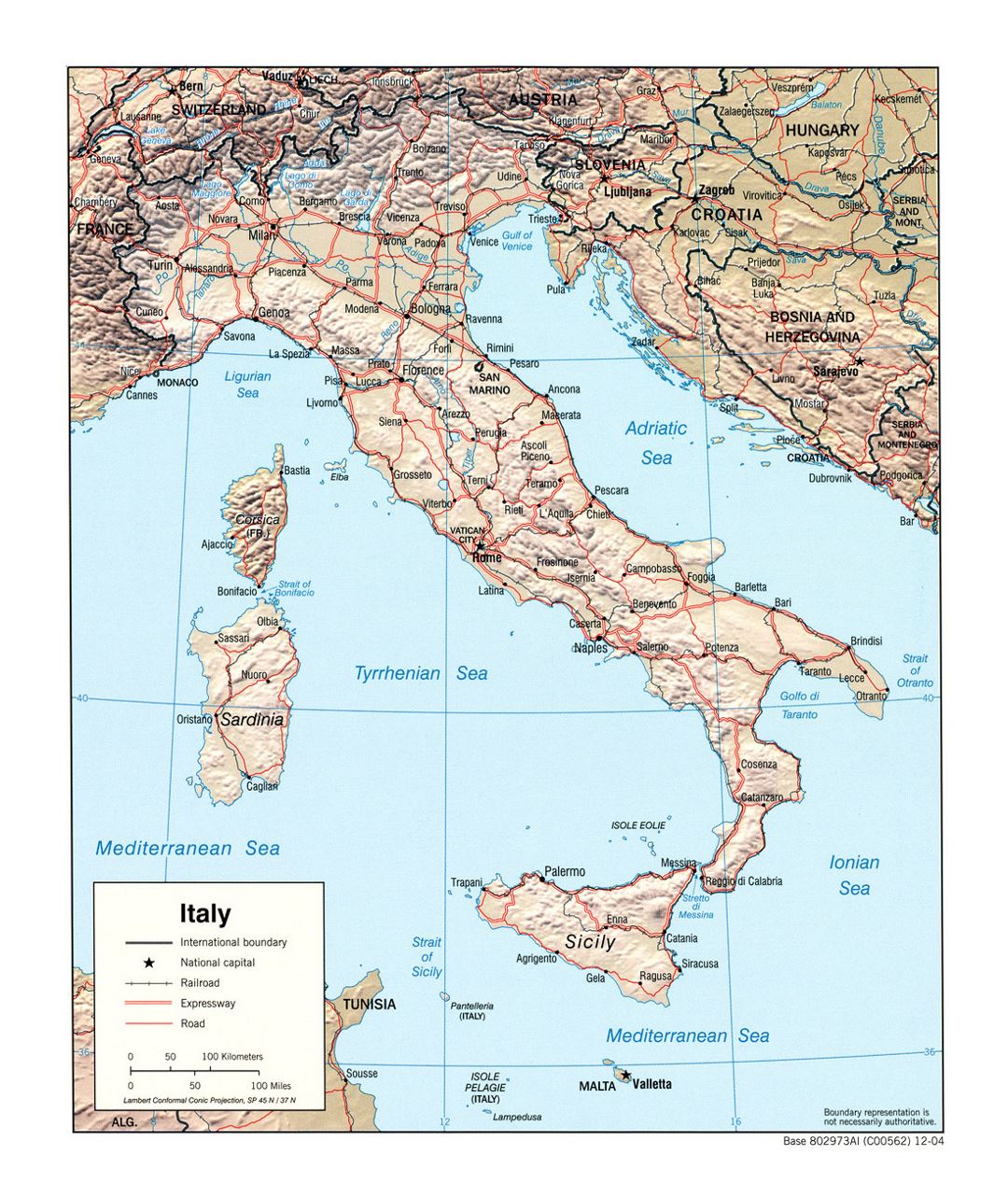 Large political map of Italy with relief, roads, railroads and major cities - 2004