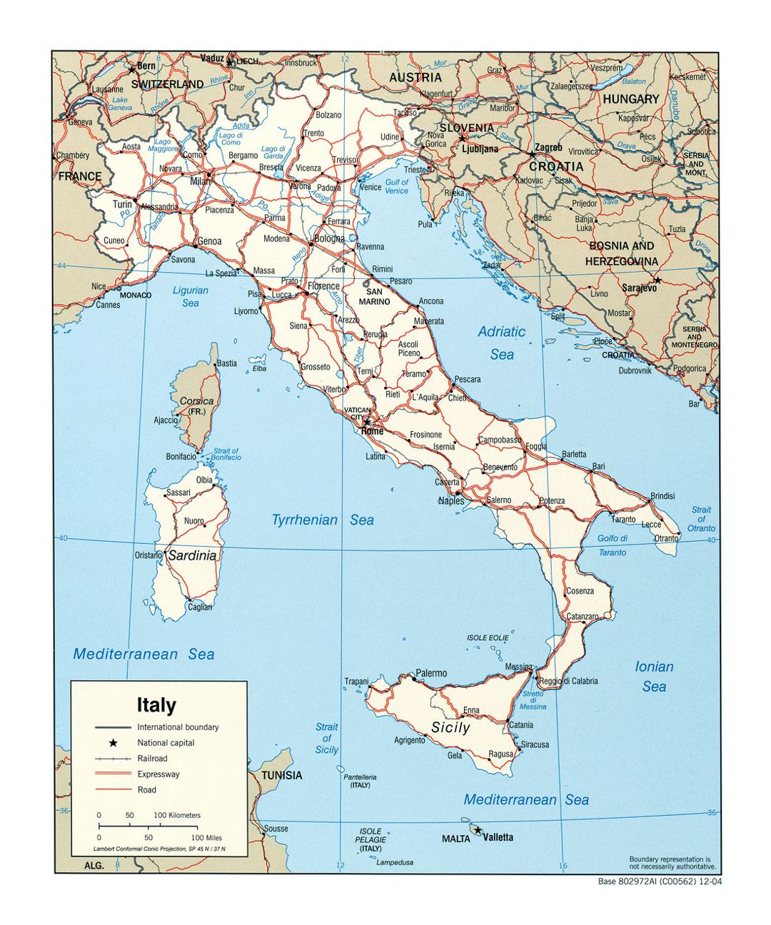 Large political map of Italy with roads, railroads and major cities - 2004