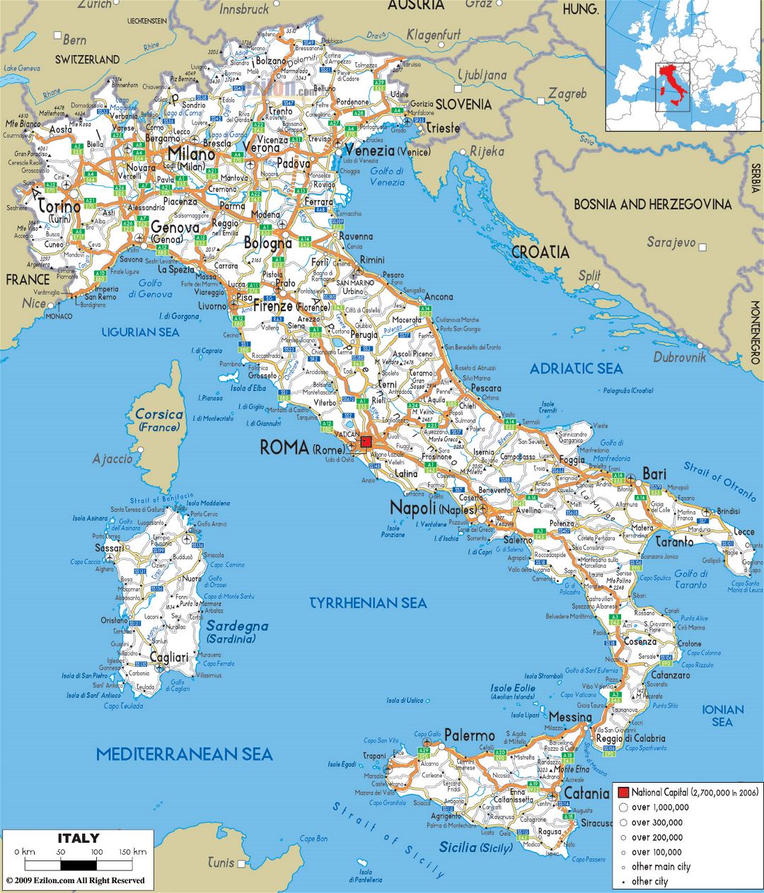 Large road map of Italy with cities and airports