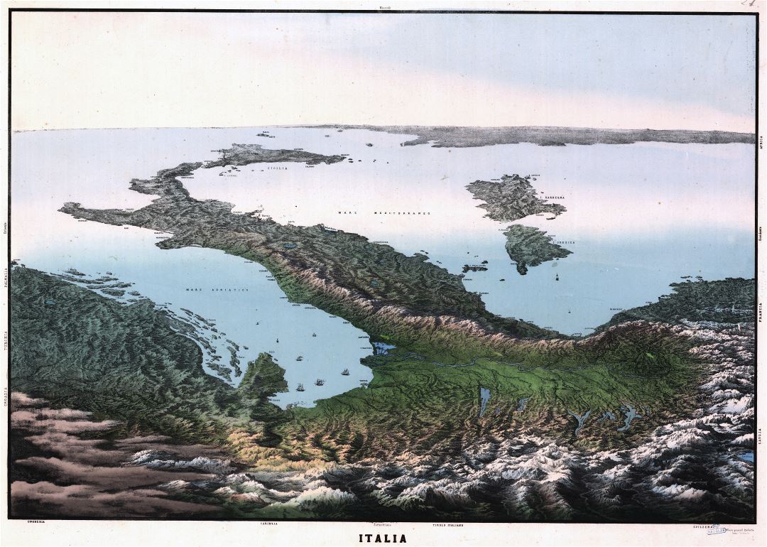 Large scale old illustrated panoramic map of Italy - 18xx