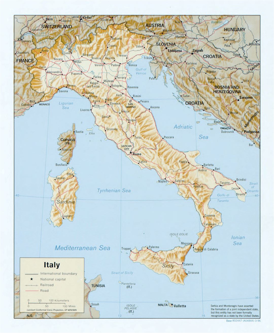Large scale political map of Italy with relief, roads, railroads and major cities - 1996