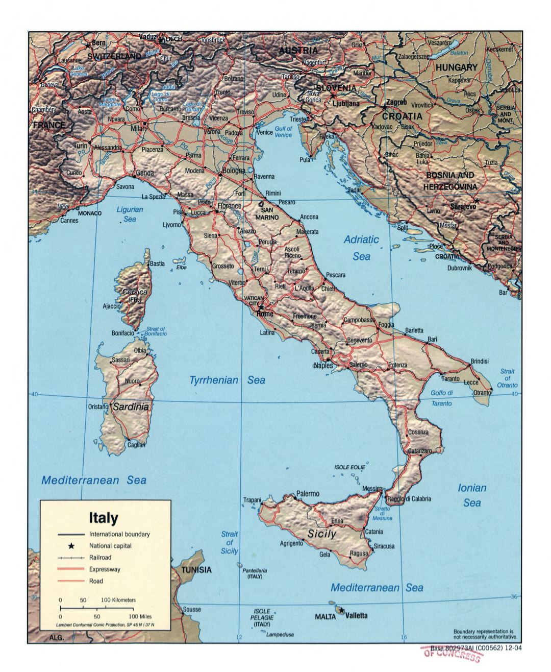Large scale political map of Italy with relief, roads, railroads and major cities - 2004