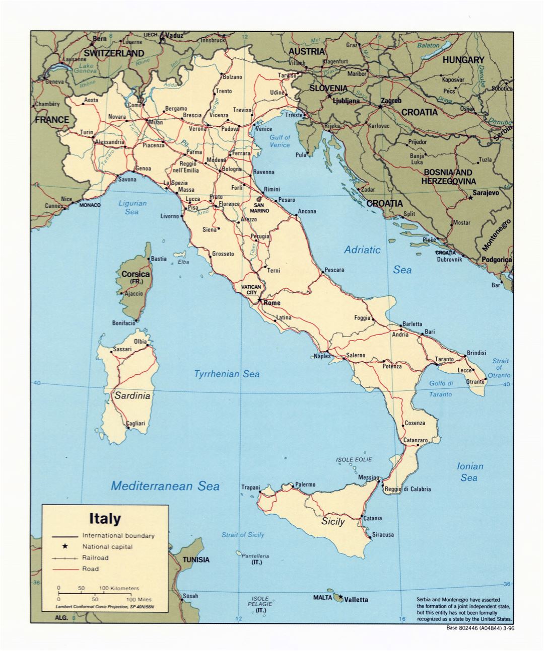 Large scale political map of Italy with roads, railroads and major cities - 1996