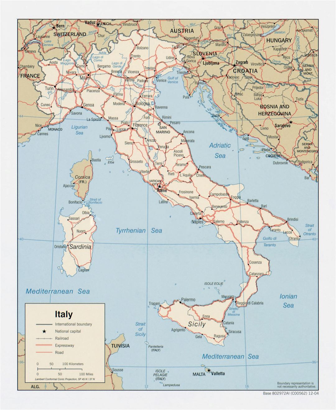 Large scale political map of Italy with roads, railroads and major ...