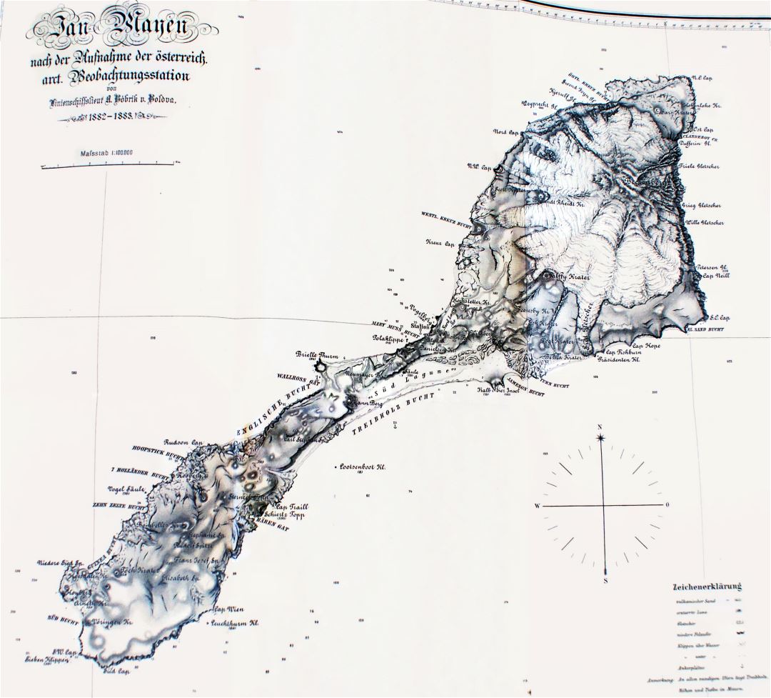 Large detailed old map of Jan Mayen island with relief - 1884