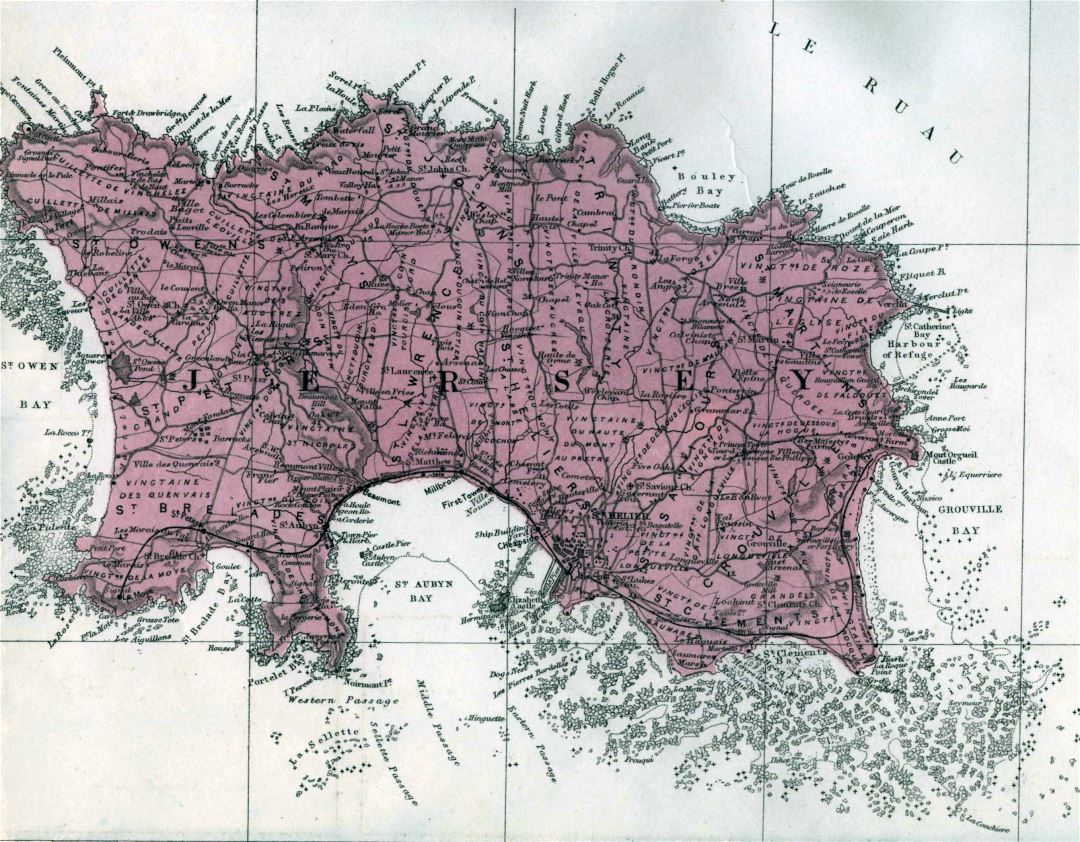 Large old road map of Jersey island with cities and villages