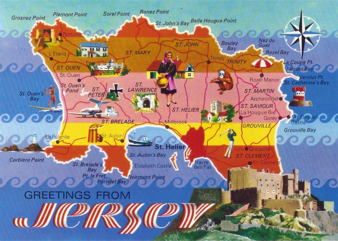 Large tourist illustrated map of Jersey island
