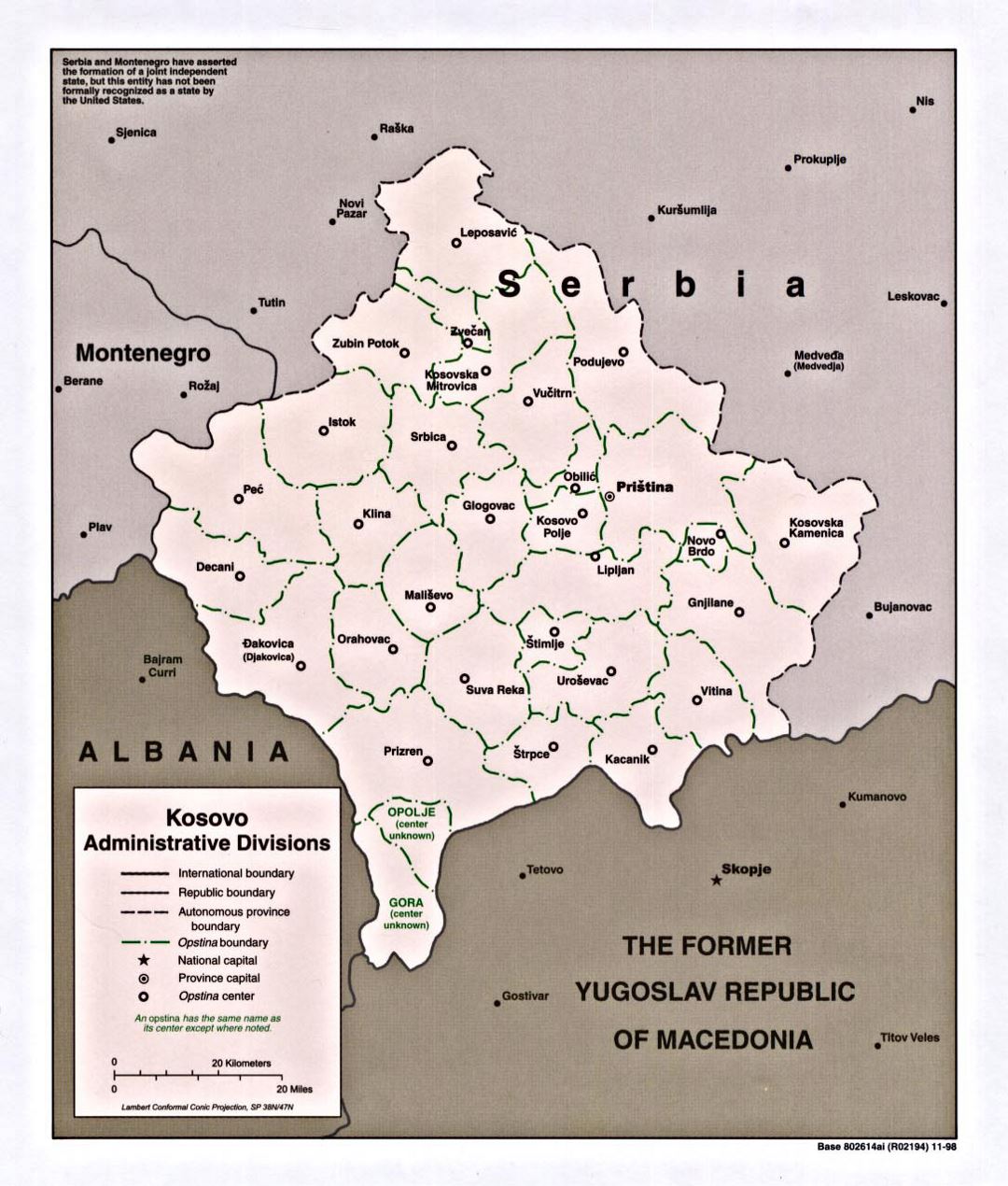 Detailed administrative divisions map of Kosovo - 1998