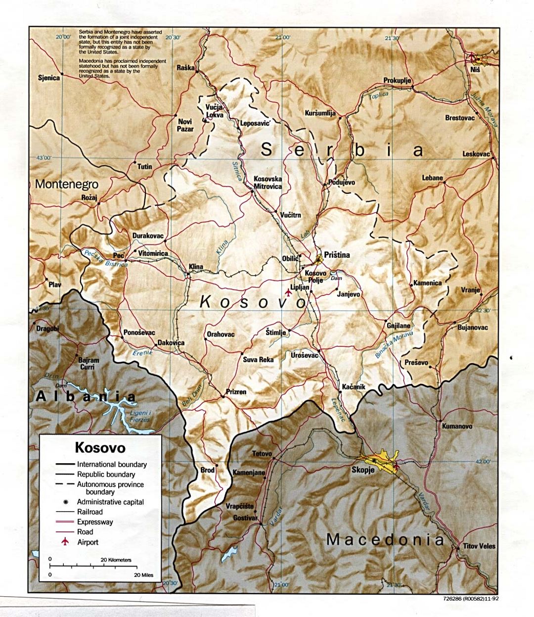Detailed political map of Kosovo with relief, roads, railroads, cities and airports - 1992