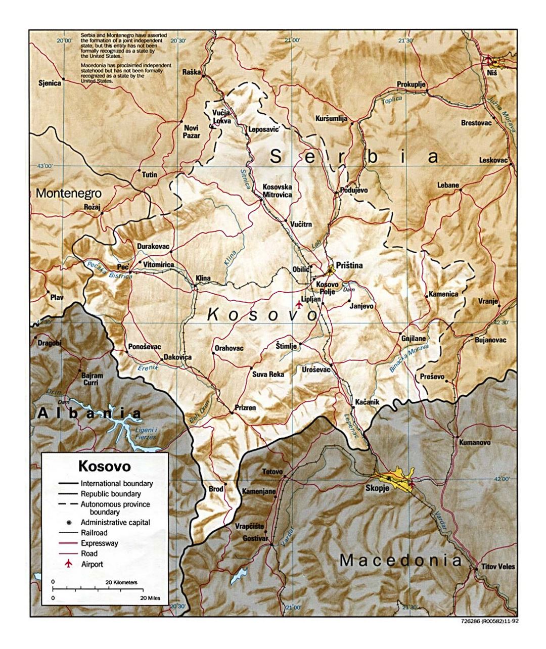 Detailed political map of Kosovo with relief, roads, railroads, cities and airports - 1999