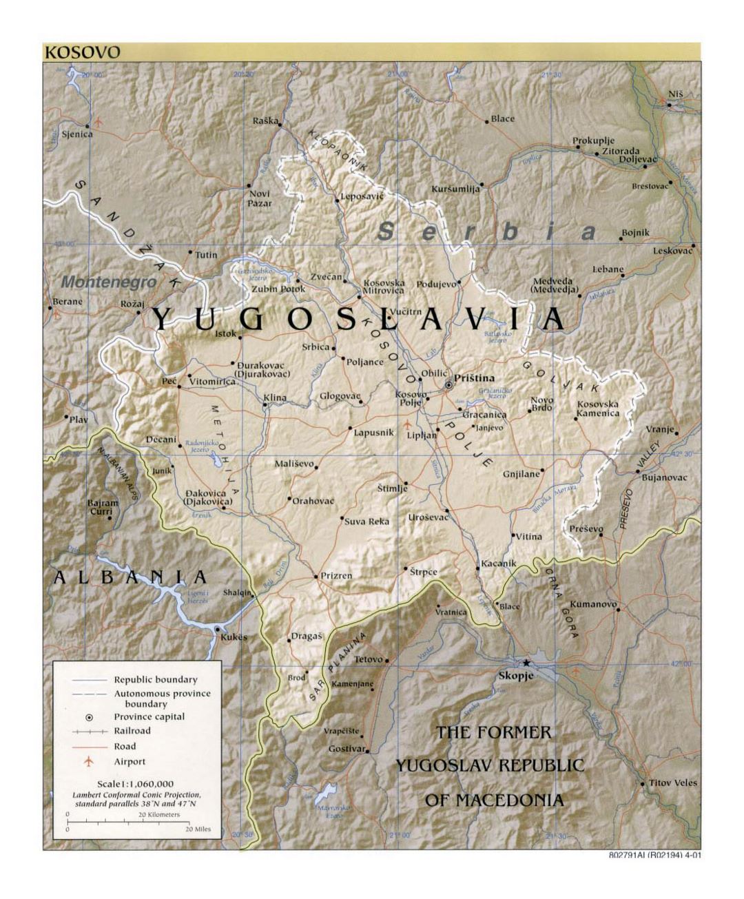 Detailed political map of Kosovo with relief, roads, railroads, cities and airports - 2001