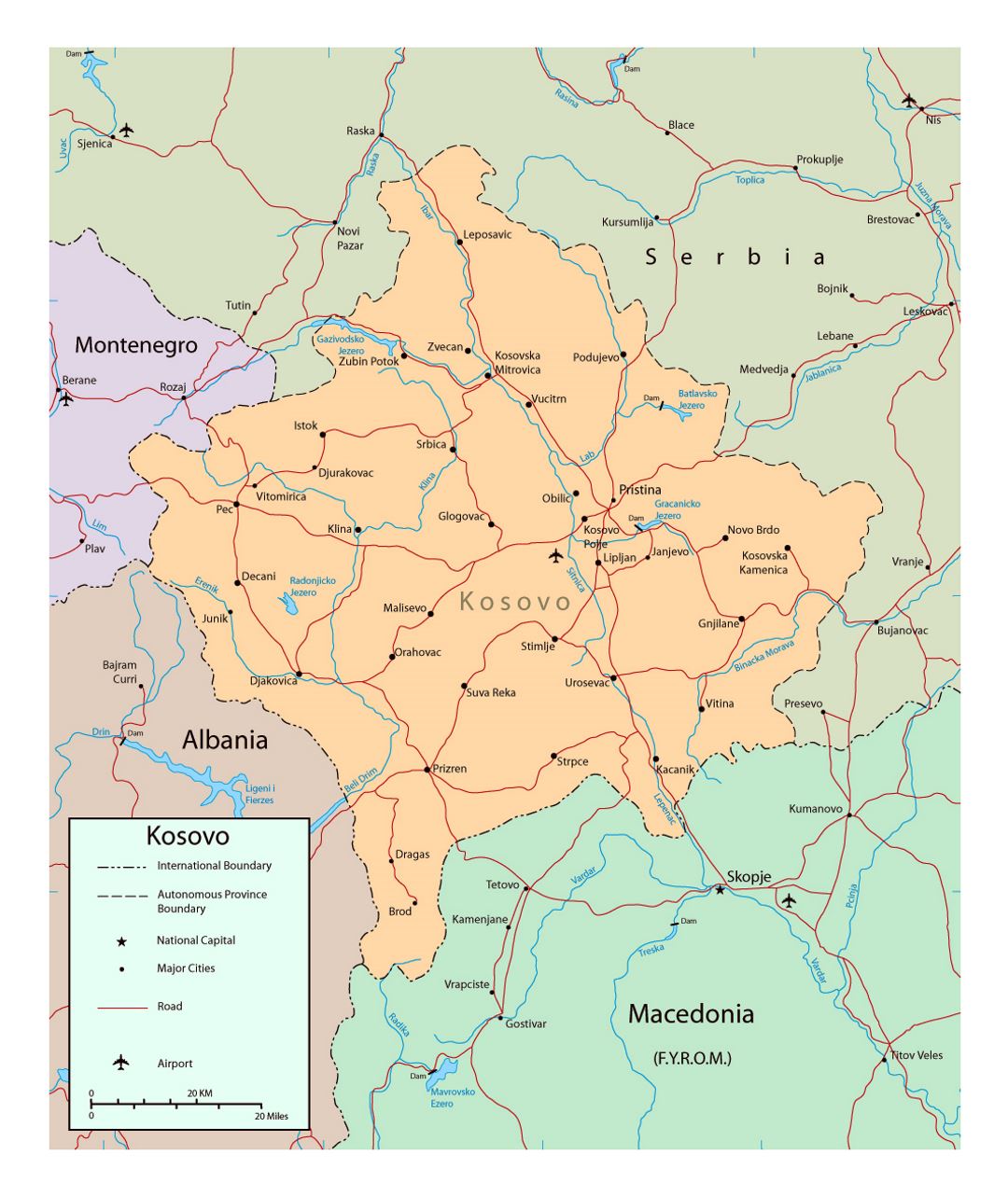 Detailed Political Map Of Kosovo With Roads Cities And Airports Kosovo Europe Mapsland Maps Of The World