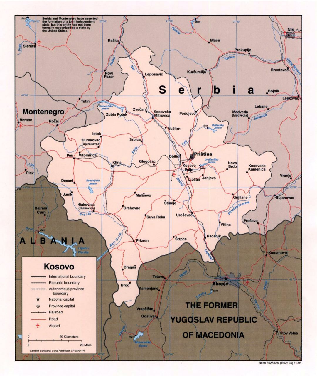 Detailed political map of Kosovo with roads, railroads, major cities and airports - 1998