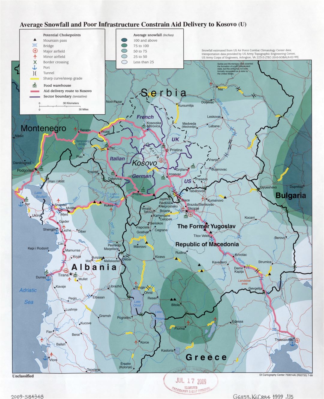 Large detail average snowfall and poor infrastructure constrain aid delivery to Kosovo map - 1999