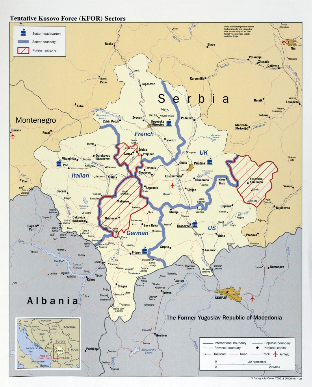 Large detail tentative Kosovo Force (KFOR) sectors map - 1999