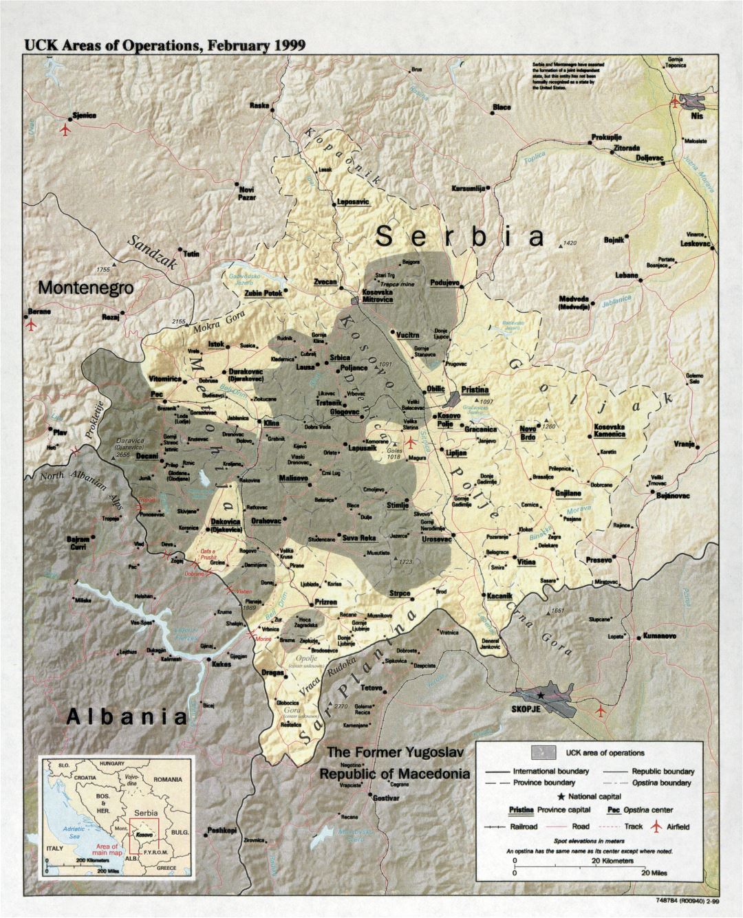 Large detail UCK areas of operations map - February, 1999 (Kosovo, Serbia)
