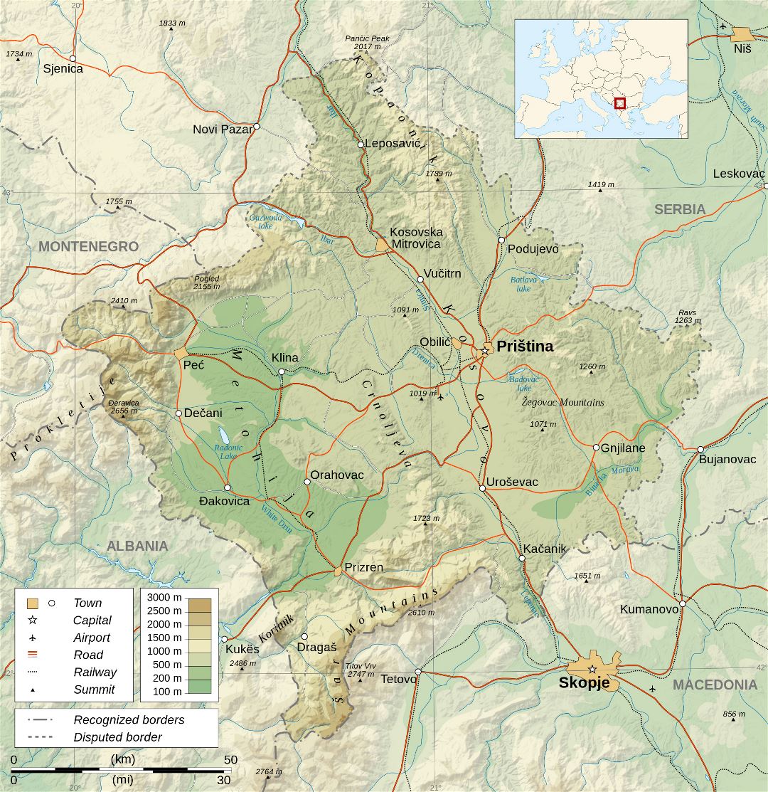 Large detailed physical map of Kosovo