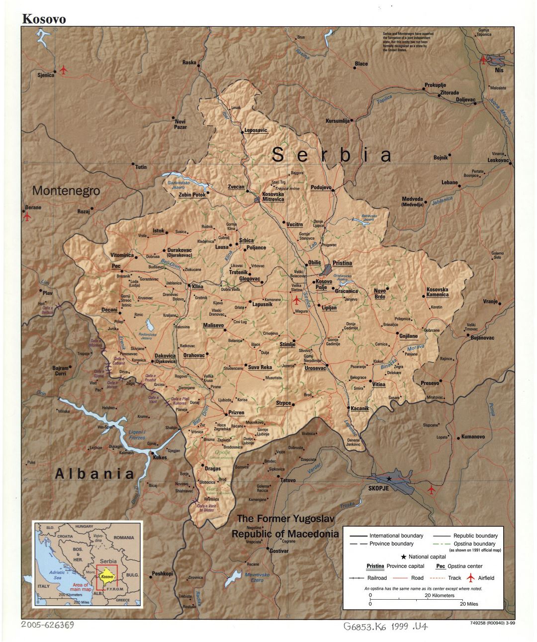 Large detailed political and administrative map of Kosovo with relief, roads, railroads, cities and airports - 1999