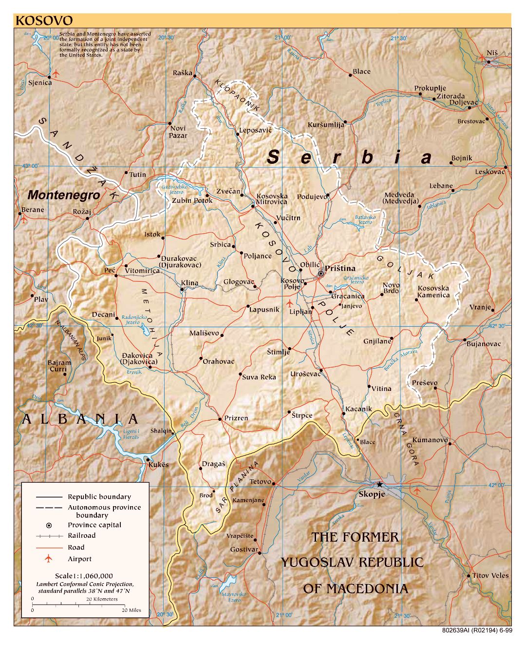 Large detailed political map of Kosovo with relief, roads, railroads, cities and airports - 1999