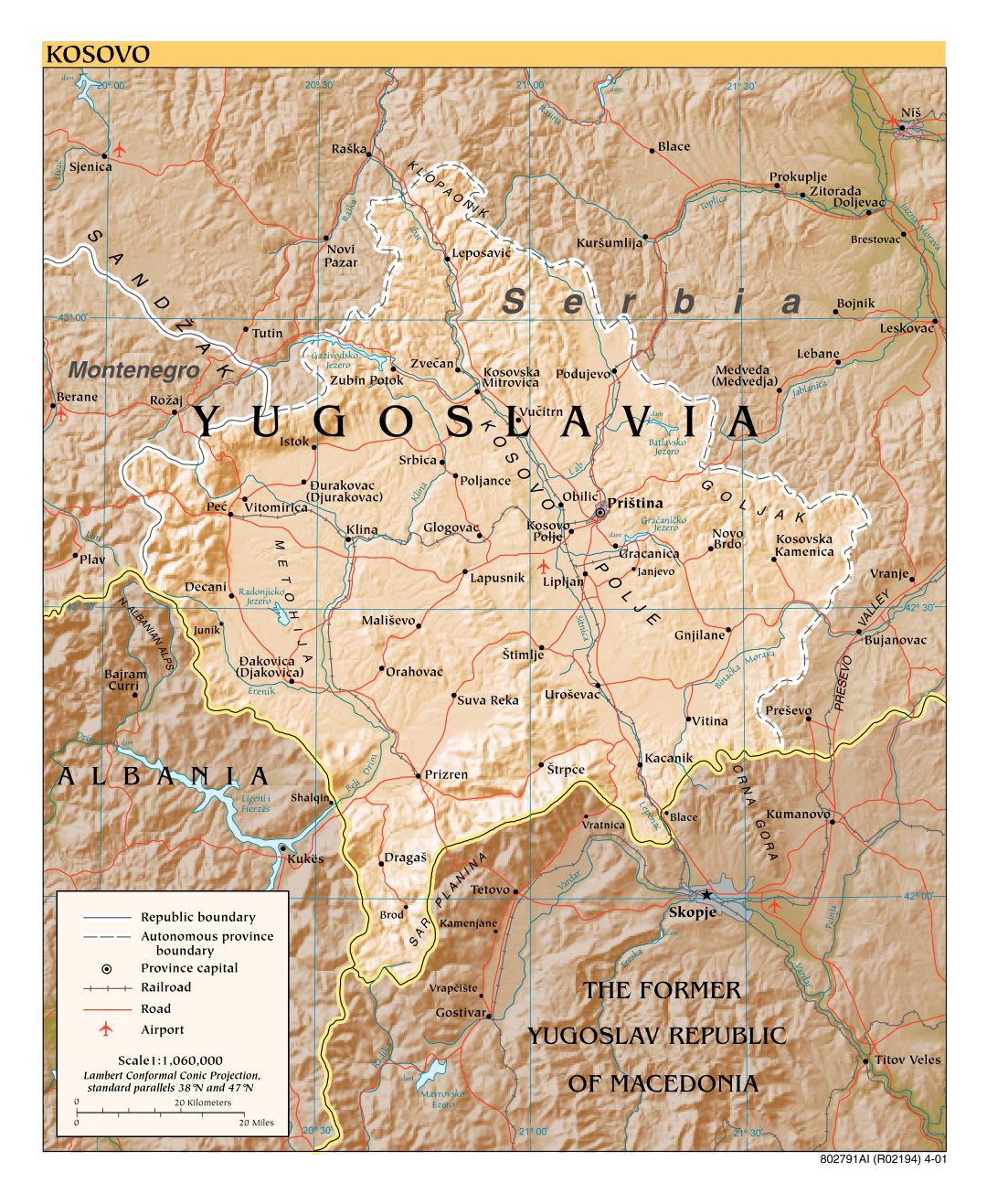 Large detailed political map of Kosovo with relief, roads, railroads, cities and airports - 2001