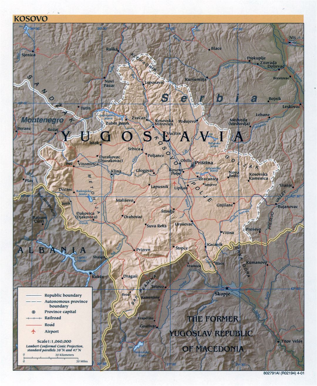 Large detailed political map of Kosovo with relief, roads, railroads, major cities and airports - 2001