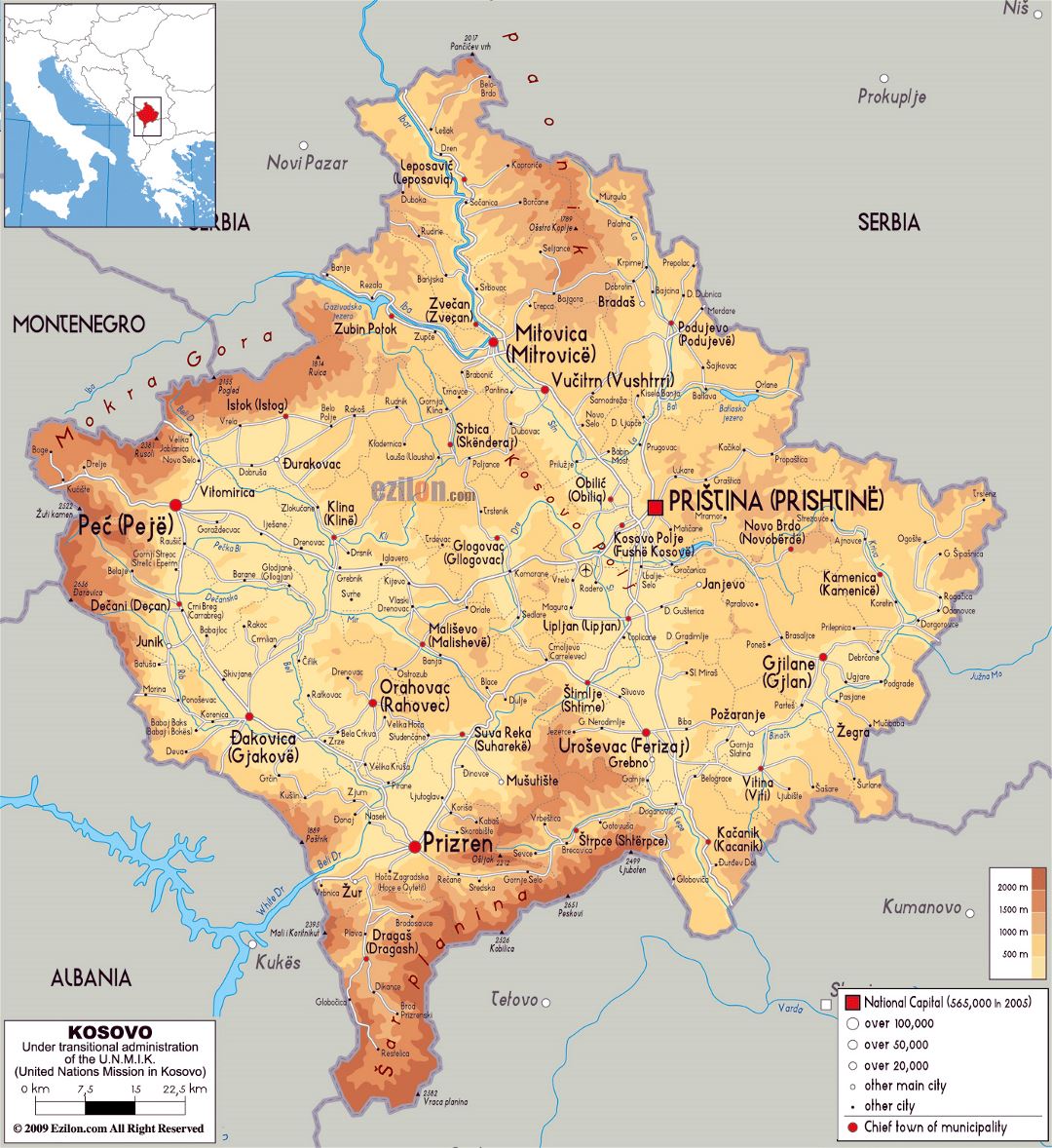 Large physical map of Kosovo with roads, cities and airports