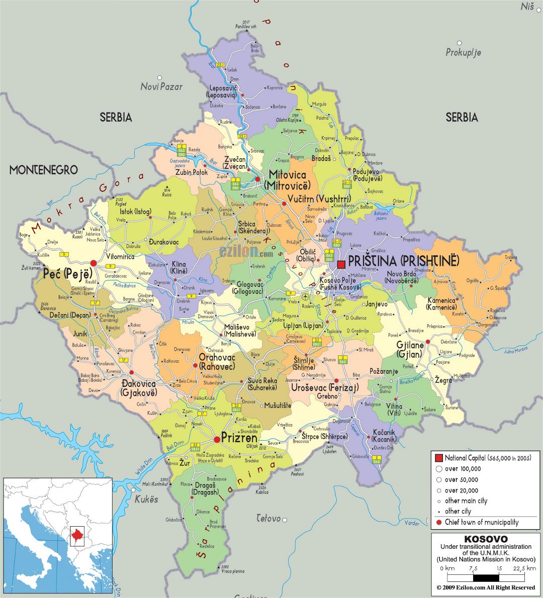 Large political and administrative map of Kosovo with roads, cities and airports