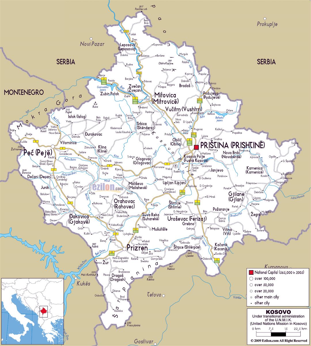 Large road map of Kosovo with cities and airports