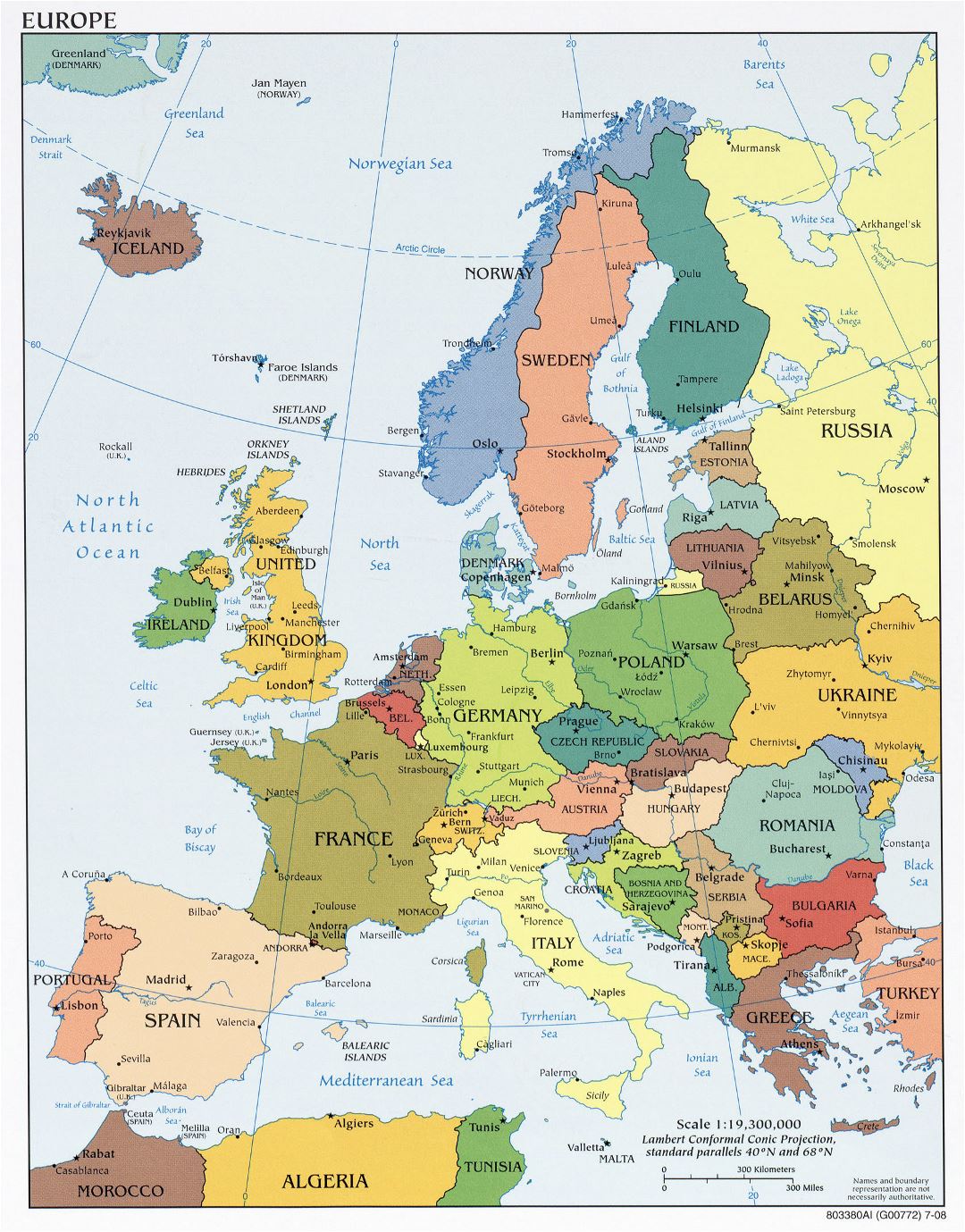 Large detailed political map of Europe with capitals and major cities - 2008