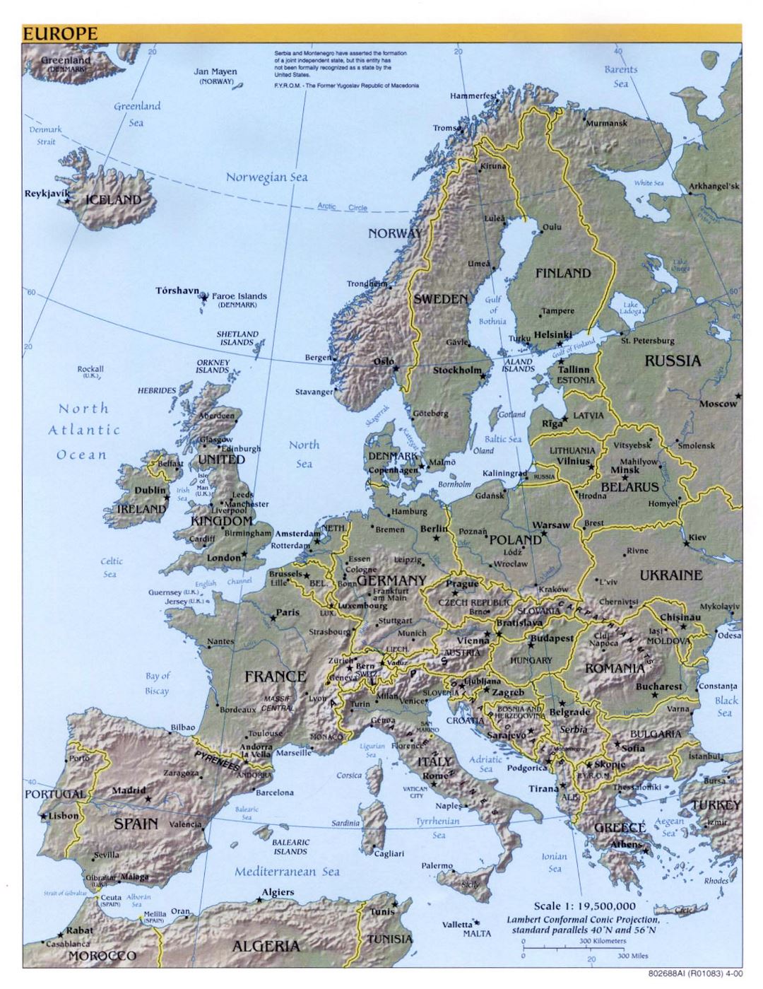 Large detailed political map of Europe with relief, capitals and major cities - 2000