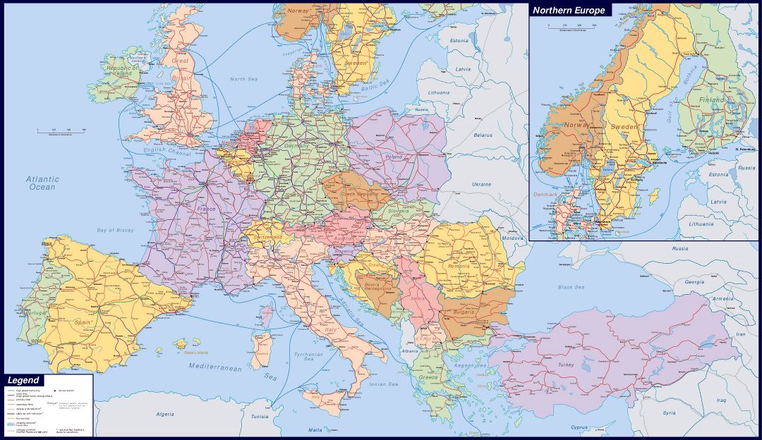 Large detailed railways map of Europe