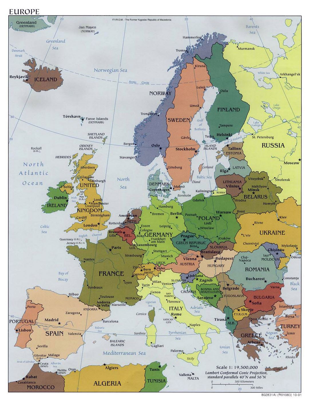 Large political map of Europe with capitals - 2001