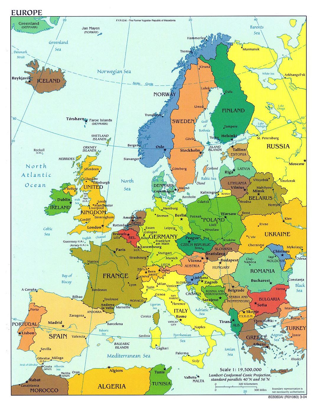 Large political map of Europe with capitals and major cities - 2004
