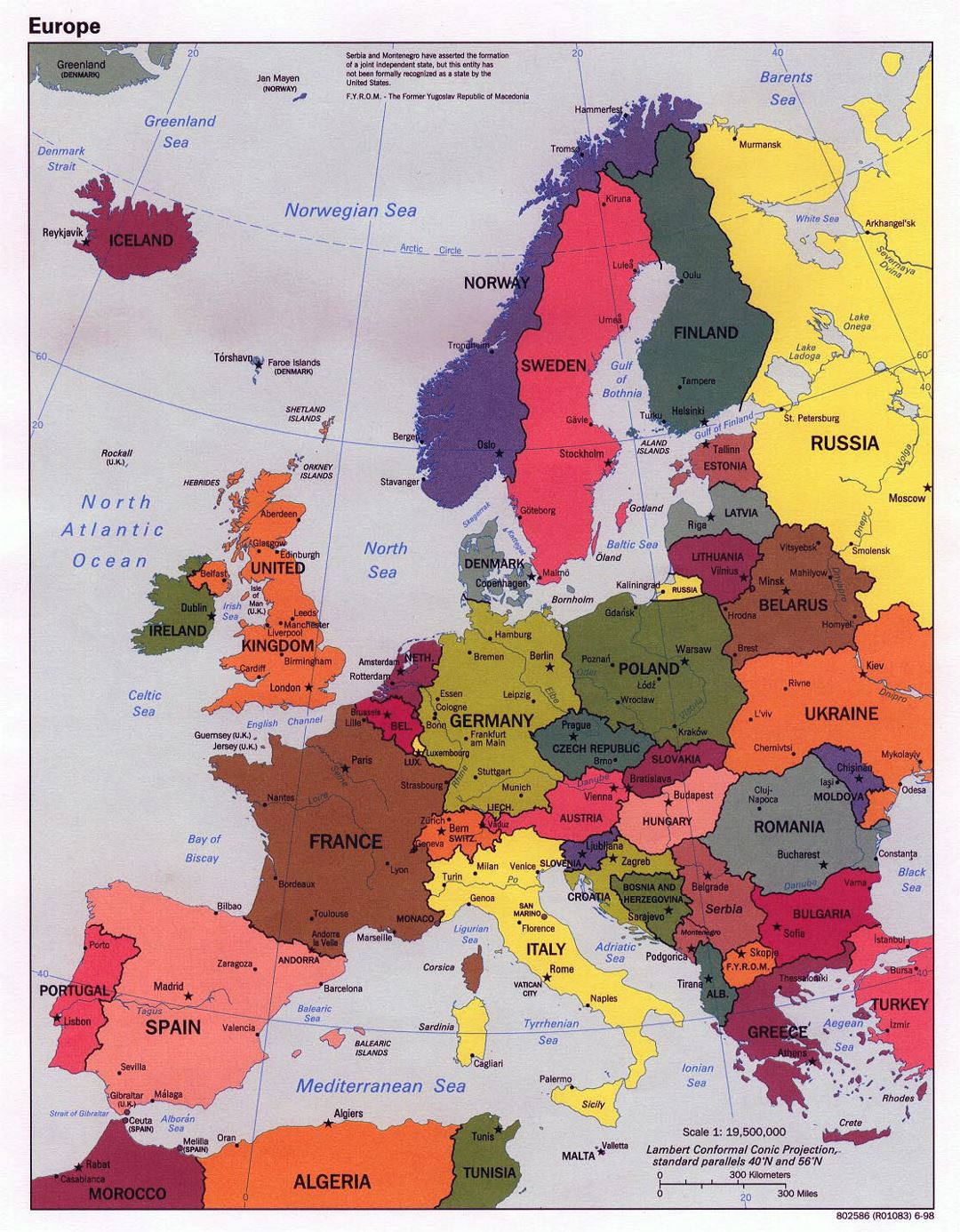 Large political map of Europe with major cities - 1998