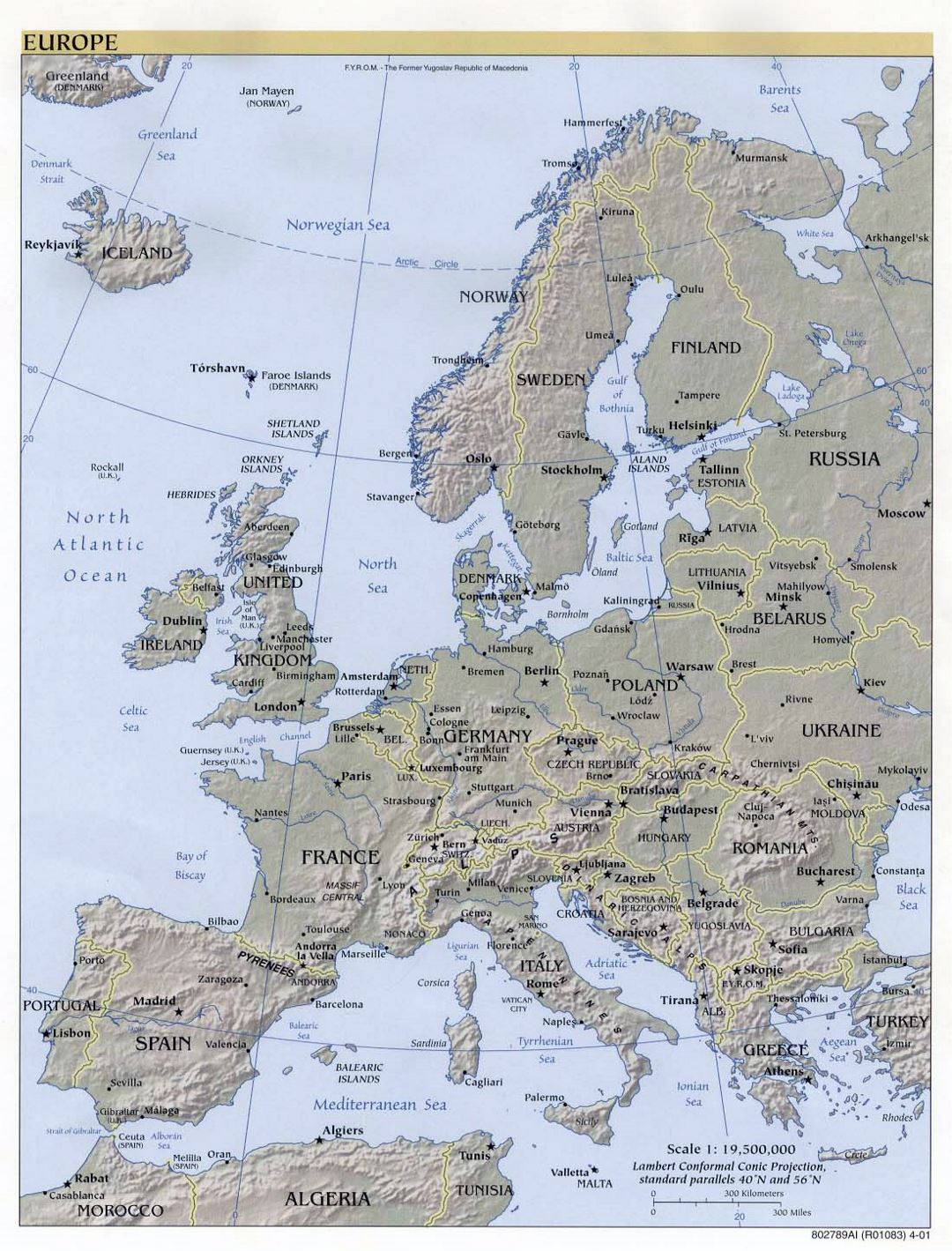Large political map of Europe with relief, major cities and capitals - 2001