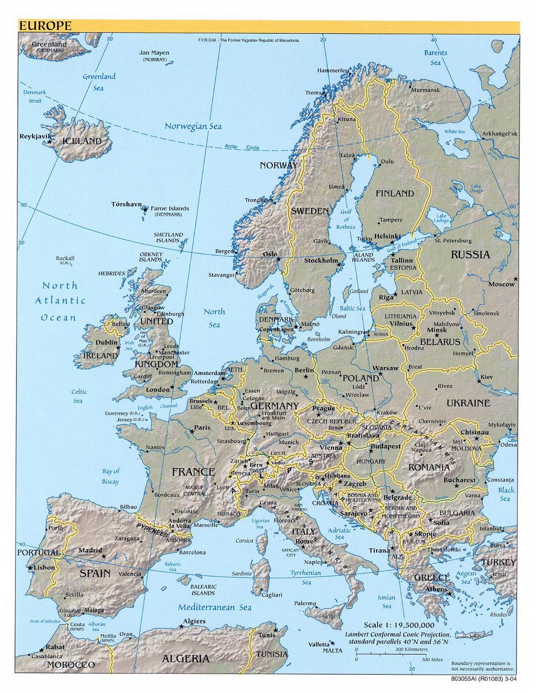 Large political map of Europe with relief, major cities and capitals - 2004